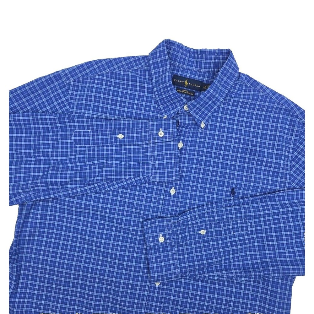 Ralph Lauren Shirt Slim Fit Men Sz XXL 2XL Cotton Oxford Blue Plaid Stretch